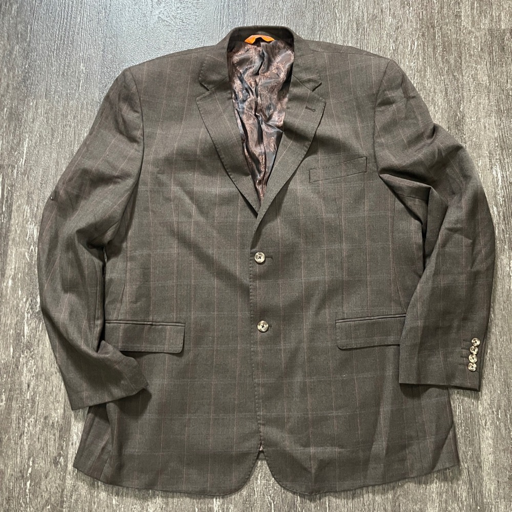 Luciano Carrel Couture Mens Brown‎ Plaid Wool Blazer Sport Coat Size 50L
